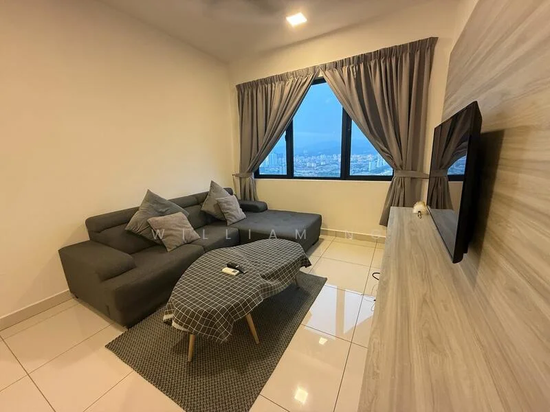 Living features: L-shape sectional sofa in grey, coffee table, area rug with geometric pattern, wall-mounted TV, TV console, floor-to-ceiling windows, curtains, white painted walls, glossy tile flooring, recessed downlights; style: modern; view: city.