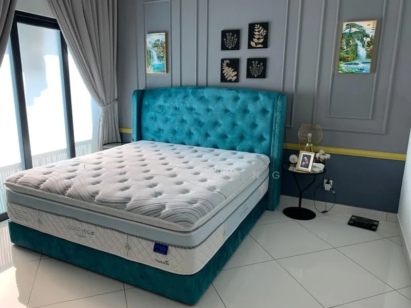 Bedroom features: king-size bed with upholstered teal headboard, white mattress with grey patterned top, white tiled flooring, grey painted walls, decorative wall panels, floor-to-ceiling windows with sheer curtains, framed artwork on walls, table lamp on bedside table, decorative items on the bedside table; style: modern; view: city.