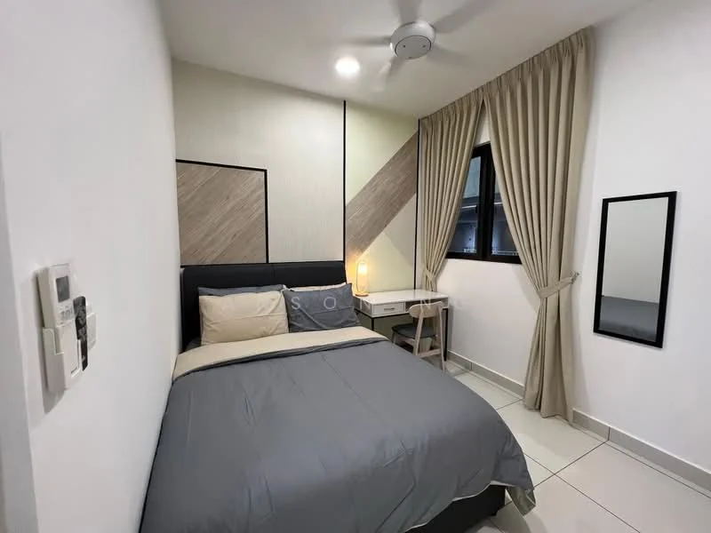 Bedroom features: queen-size bed with grey bedding, upholstered headboard, 2 bedside lamps, study desk with chair, wall-mounted mirror, floor-to-ceiling window with curtain, light-colored wall with wood accent, ceiling fan, tile flooring, decorative wall paneling; style: modern.