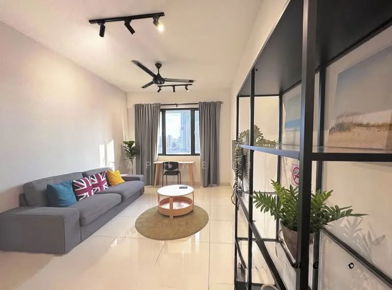 Living features: 3-seater fabric sofa in grey, decorative cushions in various colors, round coffee table, area rug, floor-to-ceiling window, curtains in light grey, ceiling fan with light, wall-mounted shelving unit, indoor plants in pots, framed artwork on walls, white painted walls, glossy tile flooring; style: modern; view: city.