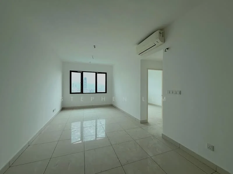 Room features: white painted walls, marble tile flooring, floor-to-ceiling windows, 1 wall-mounted split AC, recessed downlights, neutral decor, open layout, natural light from windows; style: modern; view: city.