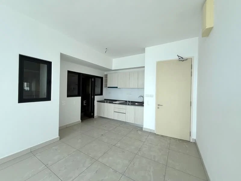 Room features: white painted walls, grey tiled flooring, kitchen cabinetry with light wood finish, countertop, single-bowl stainless-steel sink, window with black frame, door, open layout, recessed lighting; style: modern.