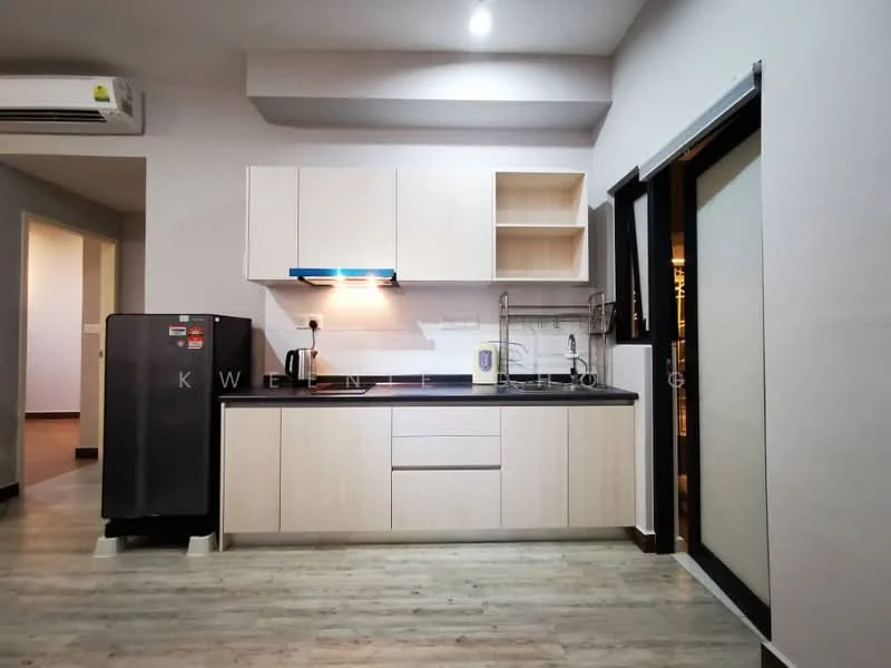 Kitchen features: white cabinetry with flat-panel design, black countertop, single-bowl stainless-steel sink, chrome pull-down faucet, built-in microwave, stainless-steel fridge, recessed LED downlights, sliding glass door, vinyl plank flooring, wall-mounted split AC; style: modern.