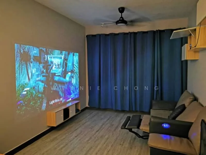 Living features: grey fabric sofa, black reclining chair, wall-mounted TV console, projector screen with image projection, blue curtains, wooden flooring, ceiling fan, shelf unit; style: modern.