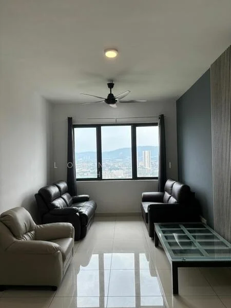 Living features: 2-seater leather sofa in black, 3-seater fabric sofa in beige, glass coffee table, floor-to-ceiling windows, city view, white painted walls, grey accent wall, recessed downlights, ceiling fan; style: modern; view: city.