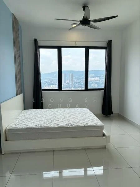 Bedroom features: queen-size bed, white painted walls, grey accent wall, floor-to-ceiling windows, blackout curtains, 5-blade ceiling fan, glossy tile flooring, city skyline view; style: modern; view: city.