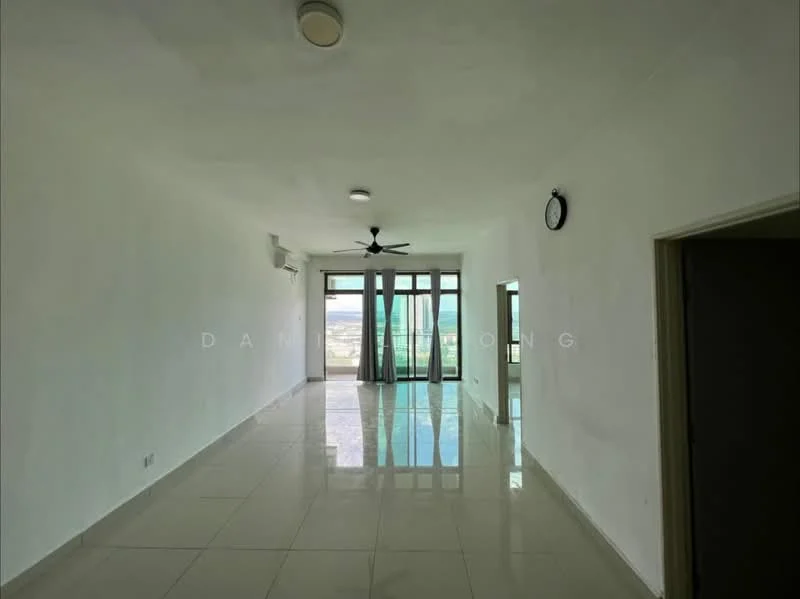 Living features: white painted walls, glossy ceramic tile flooring, 5-blade ceiling fan with light, floor-to-ceiling windows, sliding glass door, sheer curtains, recessed downlights, clock on wall; style: modern; view: city.