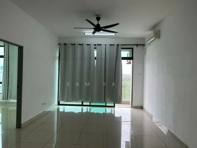 Living features: white painted walls, glossy ceramic tile flooring, 5-blade ceiling fan, floor-to-ceiling windows, sliding glass door, sheer curtains, wall-mounted split AC, natural light from windows; style: modern; view: city.