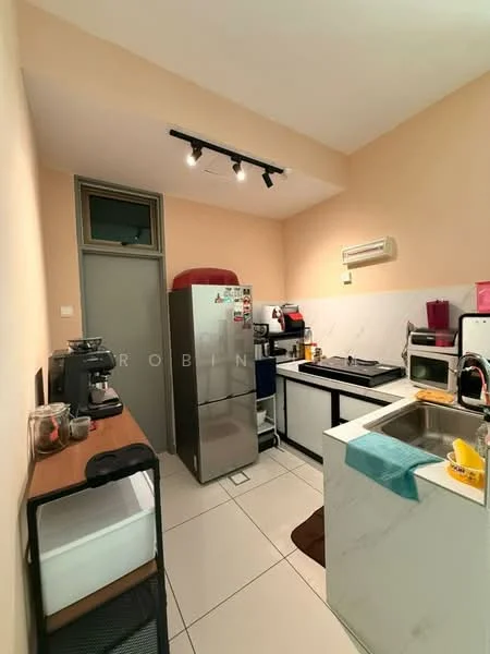 Kitchen features: white painted walls, tile flooring, recessed downlights, stainless-steel fridge, built-in oven, freestanding range oven, microwave, single-bowl stainless-steel sink, chrome pull-down faucet, kitchen countertop with marble finish, wooden shelving unit, coffee machine, toaster; style: modern.