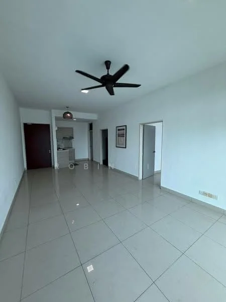 Living features: white painted walls, glossy ceramic tile flooring, 5-blade ceiling fan, recessed downlights, large windows, open layout, neutral color scheme, wall-mounted light fixture; style: modern.