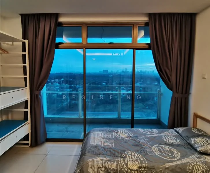 Bedroom features: queen-size bed with patterned bedding, floor-to-ceiling windows, sliding glass door, sheer curtains, dark grey curtains, built-in wardrobe with open shelving, white painted walls, tile flooring, decorative wall art; style: modern; view: city.