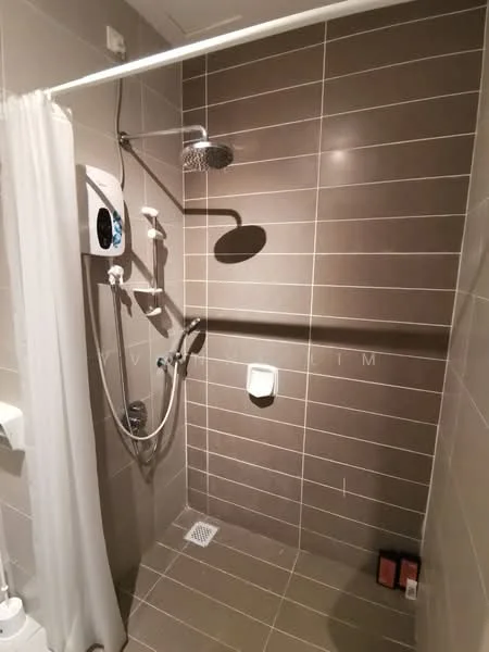 Bathroom features: walk-in shower with glass enclosure, rain shower head, handheld shower, chrome basin mixer, grey tile cladding, non-slip floor tiles, toilet paper holder, shower curtain, built-in soap dish, shower mat; style: modern.