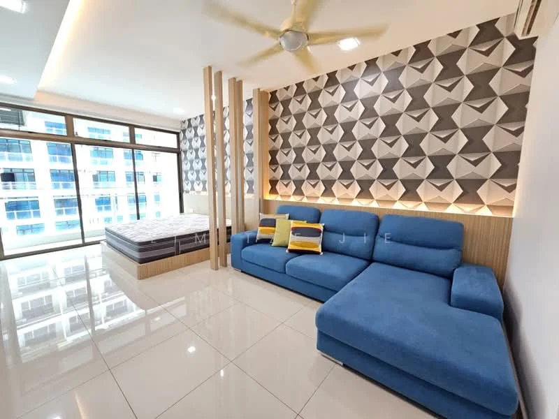 Living features: blue fabric L-shape sectional sofa, white tiled flooring, geometric patterned feature wall in neutral tones, recessed ceiling lights, ceiling fan, floor-to-ceiling windows, natural light from large windows, wood paneling behind sofa, queen-size bed in background; style: modern; view: city.