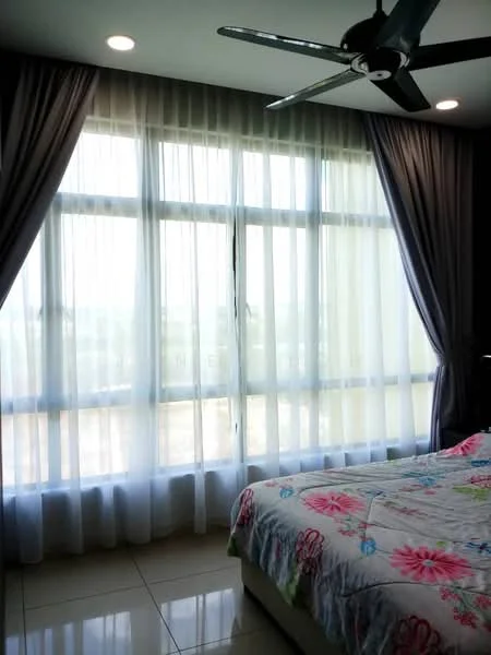 Bedroom features: floor-to-ceiling windows, sheer curtains, dark grey curtains, 5-blade ceiling fan, white painted walls, tile flooring, queen-size bed with floral bedding, decorative throw pillows, bedside table, wall-mounted light fixture; style: modern; view: city.