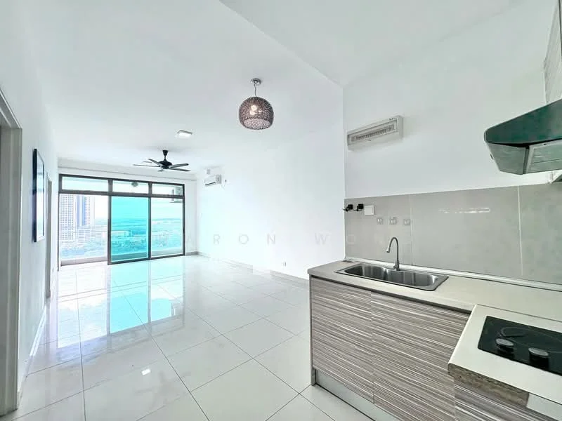 Living features: white painted walls, glossy white tile flooring, 5-blade ceiling fan with light, recessed downlights, floor-to-ceiling windows, sliding glass door, kitchen island with countertop, stainless-steel sink, built-in stove, air conditioning unit, decorative pendant light; style: modern; view: city.