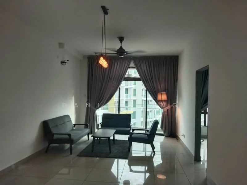 Living features: 3-seater fabric sofa in grey, 2-seater fabric sofa in grey, coffee table, area rug, floor-to-ceiling windows, sheer curtains, blackout curtains, ceiling fan with light, pendant light, laminate flooring, white painted walls, decorative lamp; style: modern; view: city.