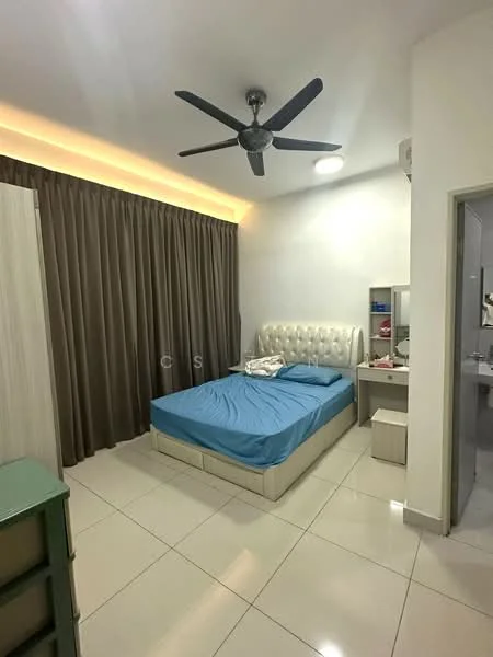 Bedroom features: queen-size bed with blue bedding, upholstered headboard, 2 bedside tables, ceiling fan, recessed lighting, floor-to-ceiling curtains in brown, white painted walls, glossy tile flooring, dressing table with mirror, built-in wardrobe; style: modern.