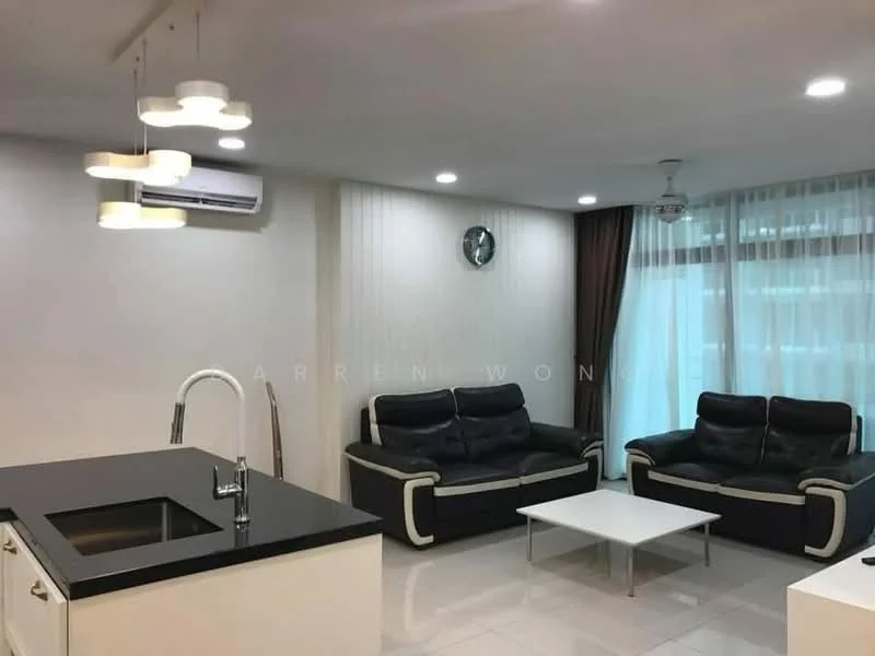 Living features: black granite countertop, single-bowl stainless-steel sink, chrome pull-down faucet, 2-seater leather sofa in black, 3-seater leather sofa in black, white coffee table, floor-to-ceiling windows, sheer curtains, dark brown curtains, wall-mounted clock, recessed downlights, ceiling fan with light, white painted walls, glossy white tile flooring, wall-mounted split AC; style: modern.