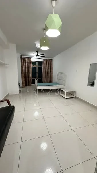 Bedroom features: white painted walls, glossy tile flooring, 5-blade ceiling fan, 3 pendant lights in green, window with sheer curtains, double bed frame without mattress, white bedside table, full-length mirror, curtains with brown pattern, open shelving unit; style: modern.