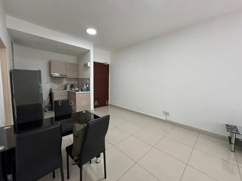 Living features: white painted walls, tile flooring, recessed ceiling lights, dining table with black chairs, stainless-steel fridge, kitchen cabinetry, open layout, neutral color scheme; style: modern.
