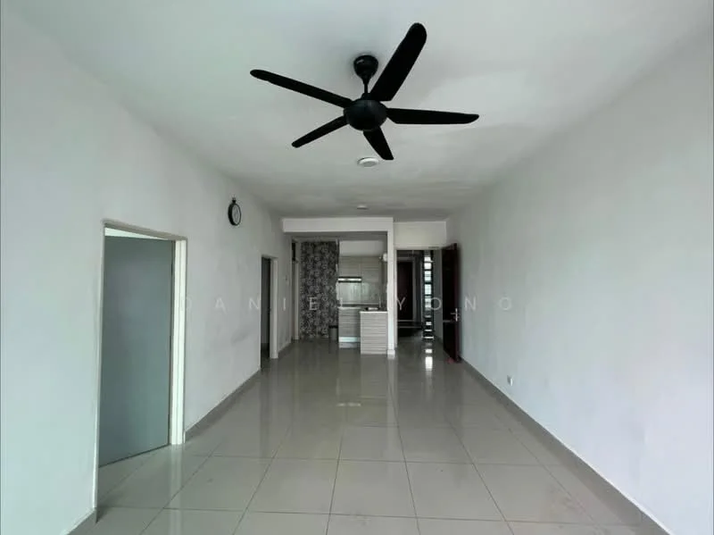 Living features: white painted walls, polished ceramic tile flooring, 5-blade ceiling fan, wall clock, doorway to kitchen, open layout, neutral color scheme, large windows for natural light; style: modern.