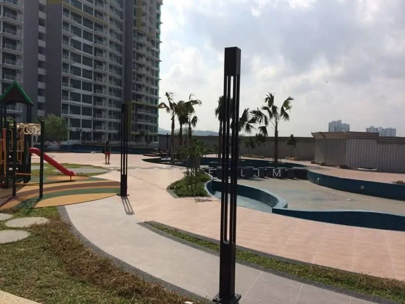 Exterior type: high-rise condominium; features: swimming pool with curved edges, children's playground with slide, landscaped garden with palm trees, manicured lawn, outdoor seating area, paved walkway, water feature, multi-level pool deck; style: modern.