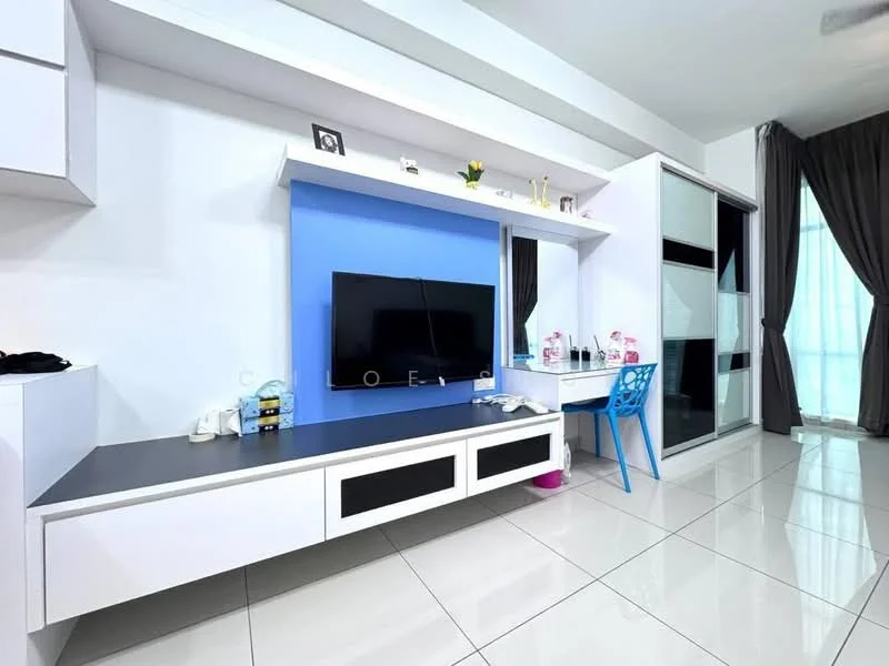 Living features: white wall-mounted TV unit, black countertop, blue accent wall, wall-mounted flat-screen TV, white shelving units, glass sliding door, large window with sheer curtains, grey floor tiles, blue plastic chair, decorative items on shelves; style: modern.