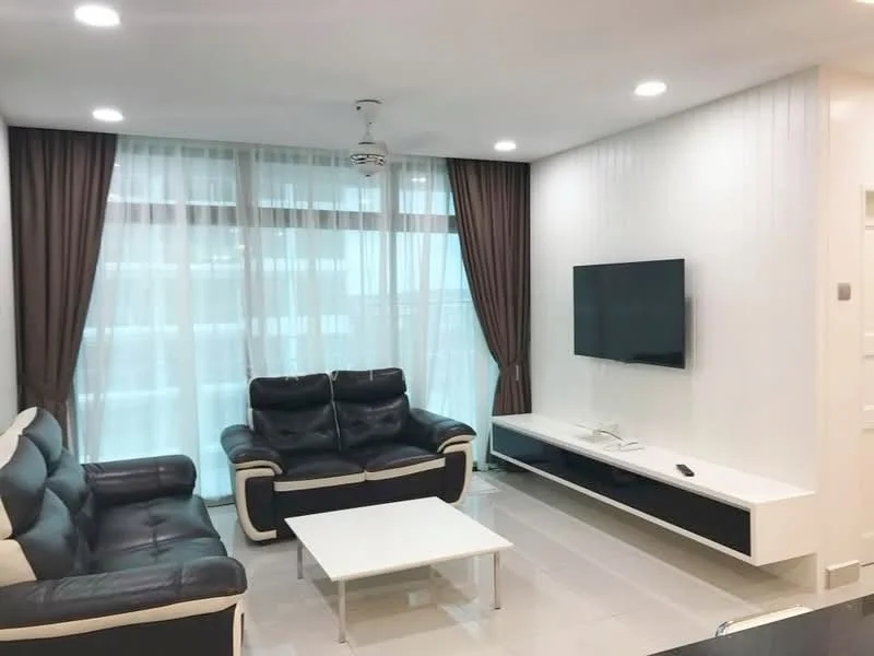 Living features: black leather sofa, white coffee table, wall-mounted TV, TV console with storage, floor-to-ceiling windows, sheer curtains, dark brown curtains, recessed LED downlights, ceiling fan; style: modern.