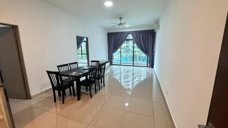 Dining features: 6-seater dining table, black wooden dining chairs, polished ceramic tile flooring, white painted walls, ceiling fan with light, floor-to-ceiling windows, curtains in dark purple, air conditioning unit, view of swimming pool; style: modern; view: pool.