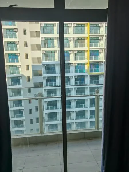 Room features: floor-to-ceiling sliding glass door, balcony with glass railing, tile flooring, curtains, view of adjacent building; style: modern; view: city.