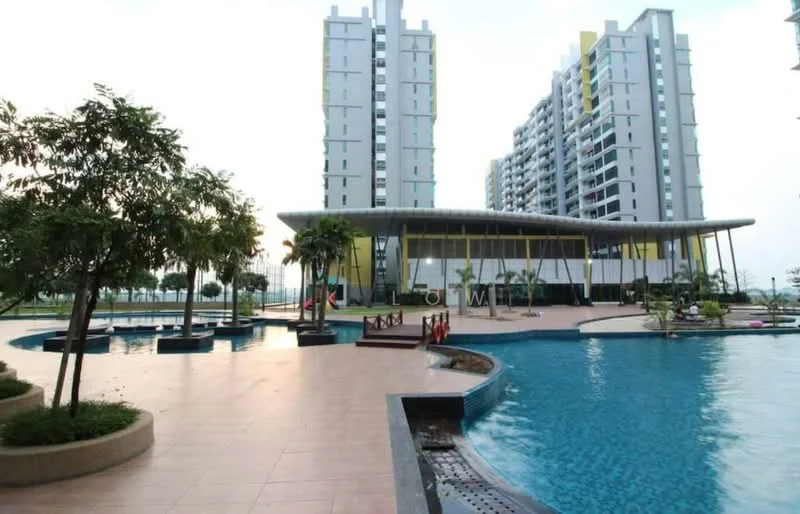 Exterior type: high-rise condominium; features: infinity pool, swimming pool deck, landscaped garden, manicured lawn, palm trees, modern clubhouse, outdoor seating area, water feature, children's playground; style: modern.