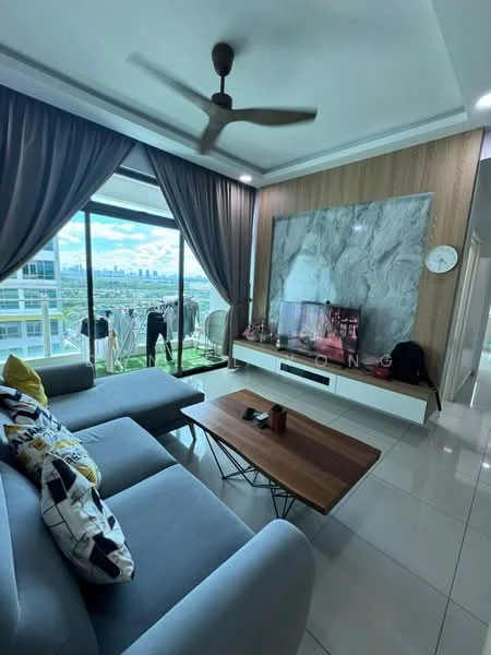 Living features: 3-seater fabric sofa in grey, wood coffee table, wall-mounted TV, feature wall with stone texture, floor-to-ceiling windows, sheer curtains, ceiling fan, decorative wall clock, polished tile flooring, decorative cushions with patterns; style: modern; view: city.