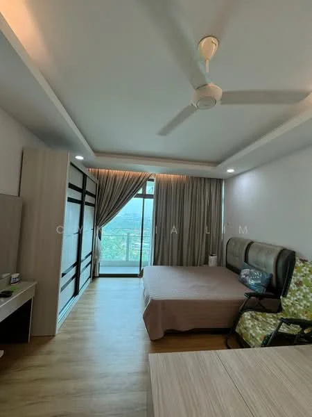 Bedroom features: queen-size bed, upholstered headboard, wooden flooring, 5-blade ceiling fan, floor-to-ceiling windows, curtains, built-in wardrobe with sliding doors, study desk, armchair, decorative wall paneling; style: modern; view: city.
