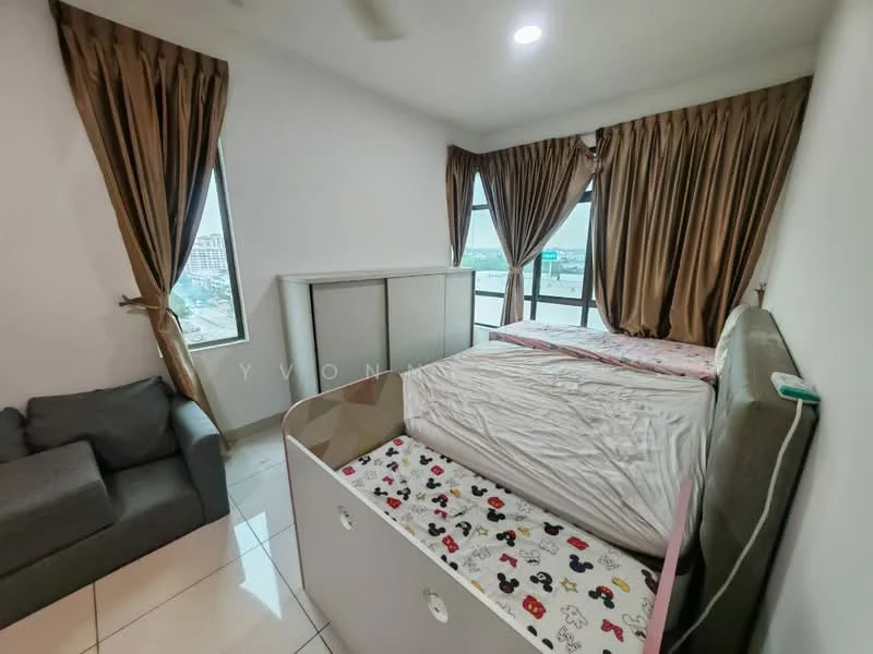 Bedroom features: queen-size bed, baby crib with colorful bedding, grey fabric sofa, floor-to-ceiling windows, brown curtains, white painted walls, tile flooring, ceiling fan; style: modern; view: city.