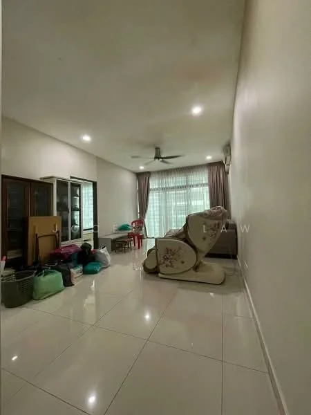 Living features: white painted walls, glossy ceramic tile flooring, 5-blade ceiling fan with light, large windows with sheer curtains, dining table with chairs, glass display cabinet, various bags and boxes, decorative rocking chair; style: modern.