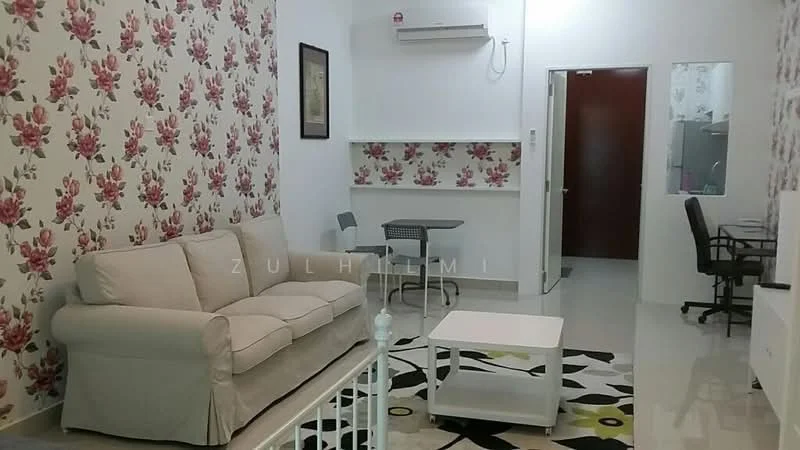 Living features: beige fabric sofa, coffee table, area rug with geometric pattern, wall-mounted split AC, floral wallpaper, white painted walls, tile flooring, small dining table with chairs, study desk with chair, built-in shelving unit; style: modern. Room features: white painted walls, tile flooring, doorway leading to another room.