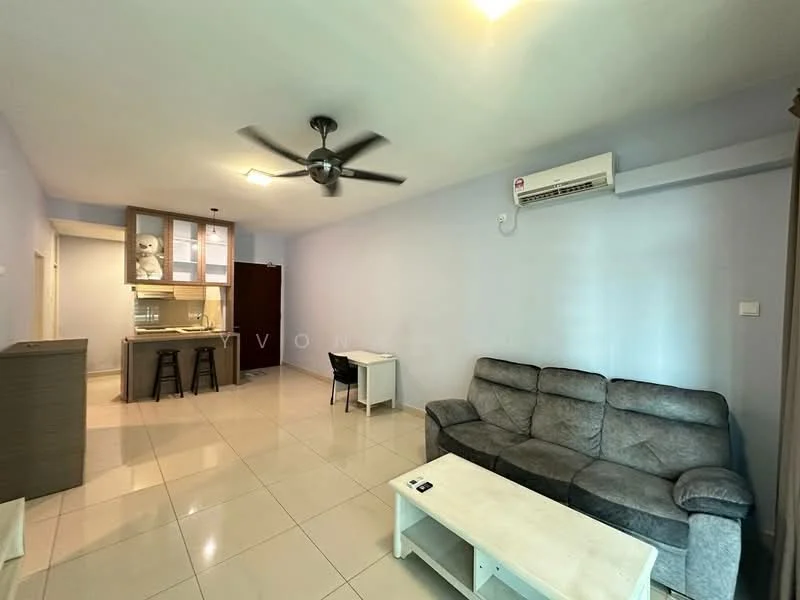 Living features: 3-seater fabric sofa in grey, coffee table, wall-mounted TV, ceiling fan, wall-mounted split AC, glossy tile flooring, light blue painted walls, decorative wall panel, open layout to kitchen, dining table for two; style: modern. Kitchen features: kitchen cabinets, countertop, stainless-steel sink, built-in stove, exhaust hood, glossy tile backsplash, open layout to living area; style: modern.