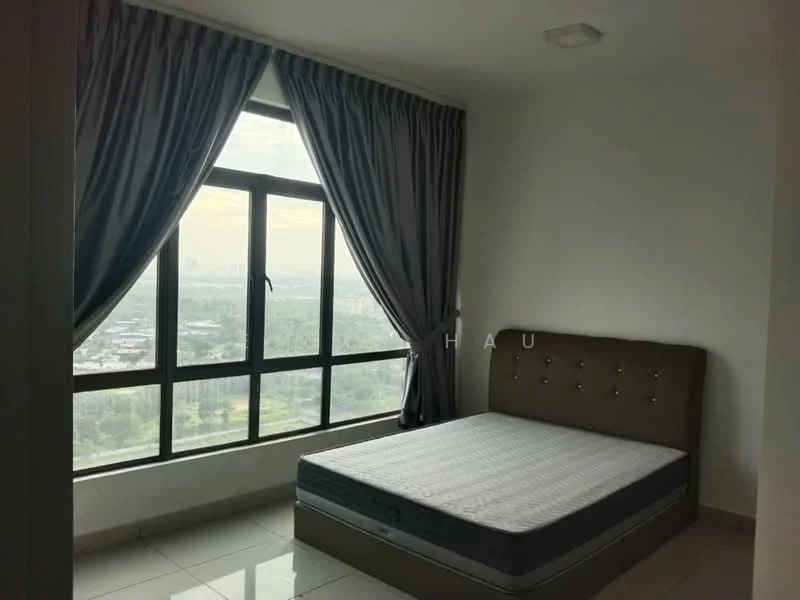 Bedroom features: queen-size bed, upholstered headboard, floor-to-ceiling windows, grey curtains, white painted walls, glossy tile flooring, ceiling light, city view; style: modern; view: city.