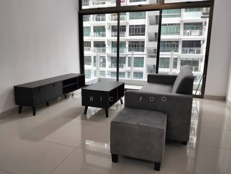 Living features: grey fabric sofa, black coffee table, black TV console, large floor-to-ceiling windows, white painted walls, glossy tile flooring, city view, natural light; style: modern; view: city.