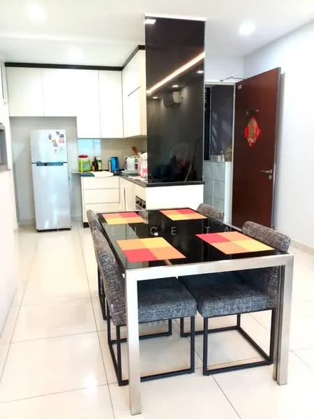 Dining features: glass dining table with colorful placemats, 4 upholstered dining chairs, white cabinetry, stainless-steel fridge, built-in kitchen cabinets, ceramic tile flooring, recessed LED downlights, open-plan layout to kitchen, black feature wall, kitchen countertop, kitchen appliances visible; style: modern. Kitchen features: white cabinetry, stainless-steel fridge, built-in kitchen cabinets, kitchen countertop, kitchen appliances visible; style: modern.