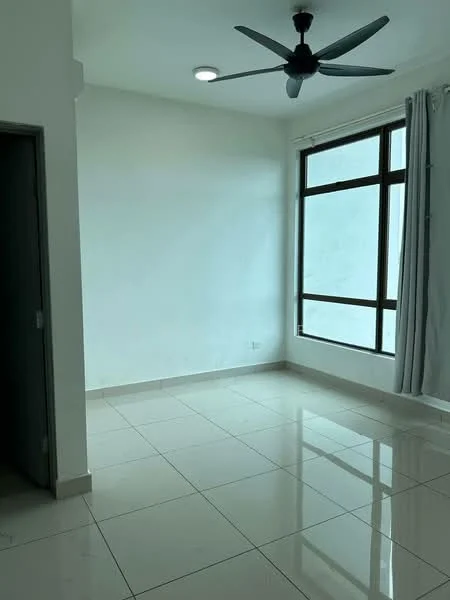 Room features: white painted walls, glossy ceramic tile flooring, 5-blade ceiling fan with light, large window with black frame, sheer curtains, recessed ceiling light; style: modern.