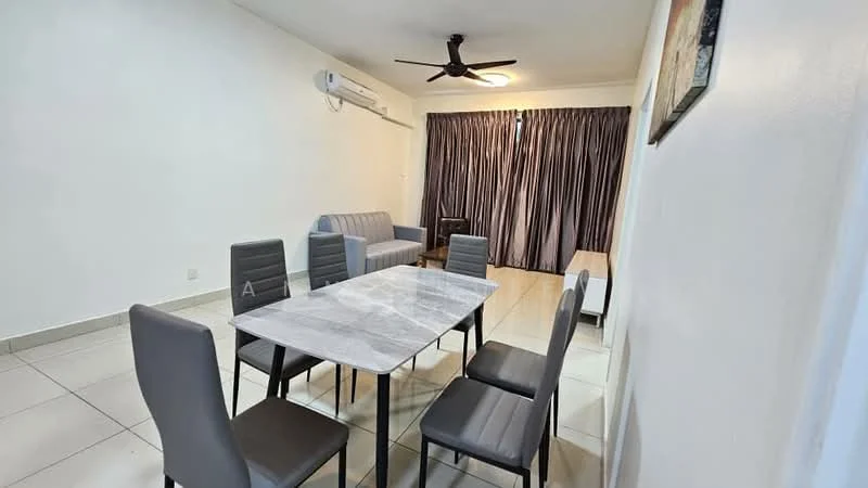 Dining features: marble dining table, 6 dining chairs with grey upholstery, white walls, tile flooring, 5-blade ceiling fan with light, floor-to-ceiling curtains, sofa in grey fabric, wooden side table, air conditioning unit on wall; style: modern.