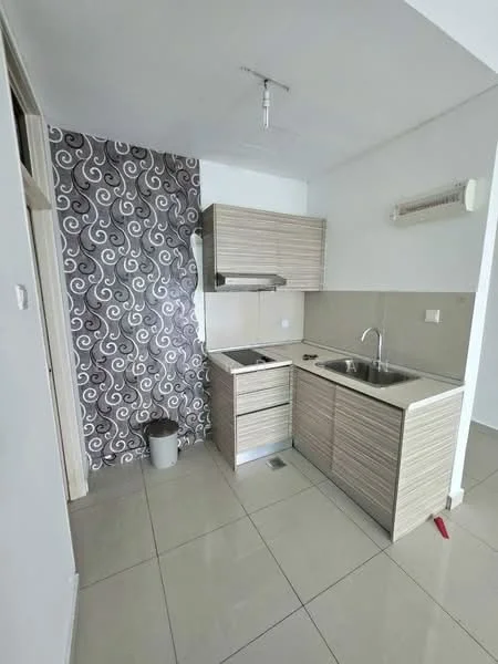 Kitchen features: light wood cabinetry, stainless-steel sink, chrome pull-down faucet, built-in stove, exhaust hood, grey patterned backsplash, ceramic tile flooring, recessed ceiling lights; style: modern.