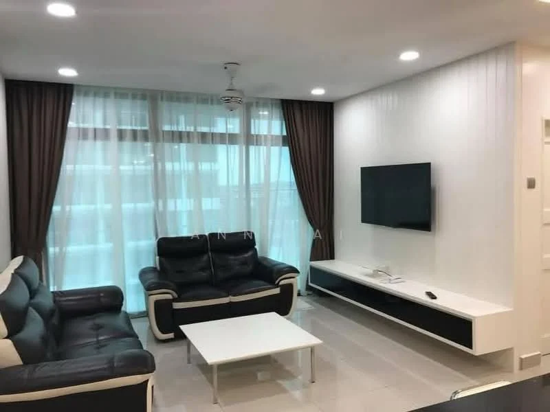 Living features: black leather sofa with white trim, 2-seater sofa, 3-seater sofa, white coffee table, wall-mounted TV, TV console with storage, floor-to-ceiling windows, sheer curtains, recessed LED downlights, ceiling fan; style: modern.