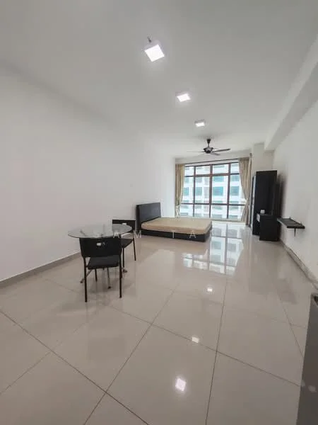 Living features: white painted walls, glossy ceramic tile flooring, 5-blade ceiling fan with light, large windows with sheer curtains, glass dining table with black chairs, queen-size bed frame without mattress, black wardrobe, wall-mounted TV console, neutral color scheme, open layout; style: modern; view: city.