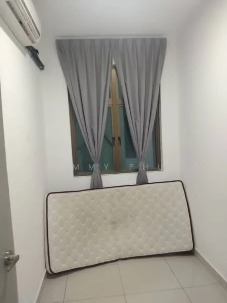 Room features: white painted walls, grey curtains, window with glass panes, tiled flooring, mattress propped against wall, air conditioning unit on wall.