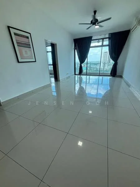 Living features: white painted walls, glossy ceramic tile flooring, 5-blade ceiling fan with light, floor-to-ceiling windows, blackout curtains, city view, air conditioning unit; style: modern; view: city.