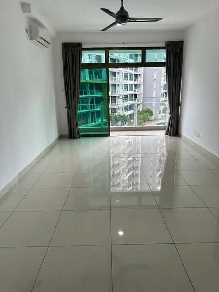 Living features: white painted walls, glossy ceramic tile flooring, 5-blade ceiling fan with light, floor-to-ceiling windows, sliding glass door, curtains, air conditioning unit, neutral color scheme; style: modern; view: city.