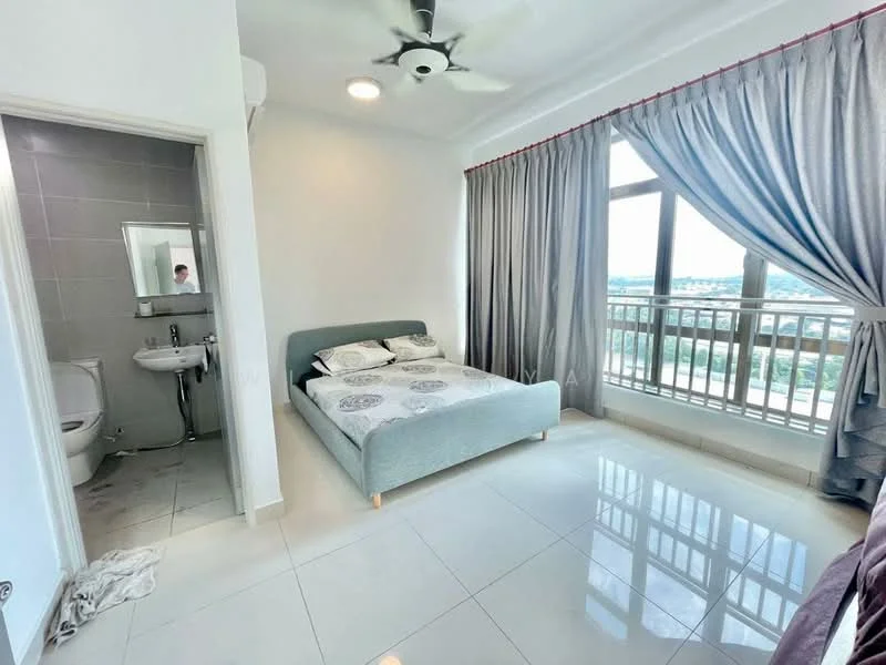 Bedroom features: queen-size bed with grey upholstered frame, white bedding with patterned pillows, floor-to-ceiling windows, curtains in light grey, white painted walls, white ceiling with recessed lighting, 5-blade ceiling fan, tile flooring, built-in wardrobe, wall-mounted mirror, en-suite bathroom with toilet and sink; style: modern; view: city.