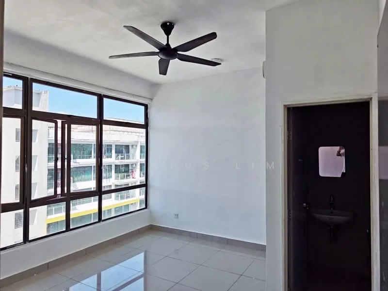 Room features: large floor-to-ceiling windows, white painted walls, ceiling fan, glossy tile flooring, corner sink, natural light, high ceiling, neutral color scheme; style: modern; view: city.